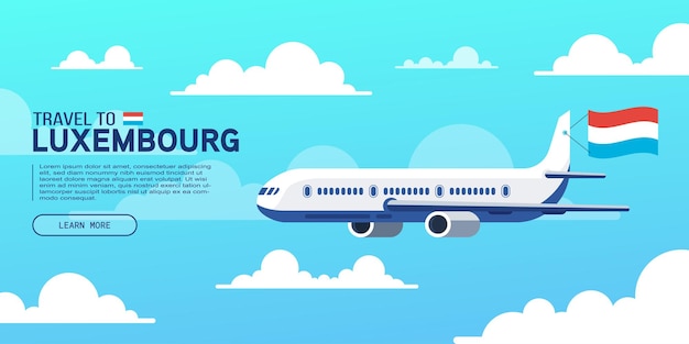 Travel to luxembourg poster with flying plane and national flag banner for travel agency vector illustration