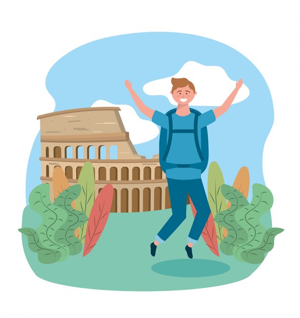 Vector travel man jumping with backpack and colosseum destination