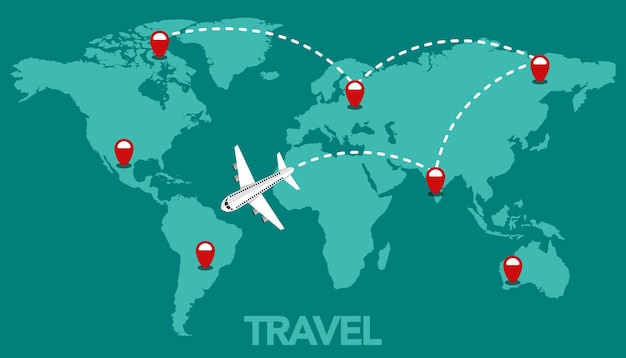 Вектор Карта путешествия с точечными маркерами самолет и пунктирная линия следа на фоне карты мира