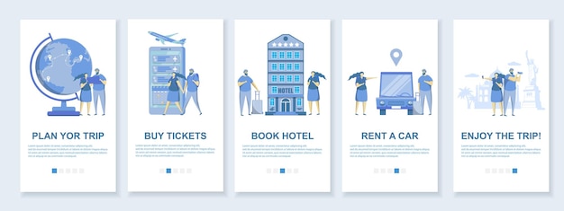 Modello vettoriale degli schermi di onboarding dell'app mobile di viaggio