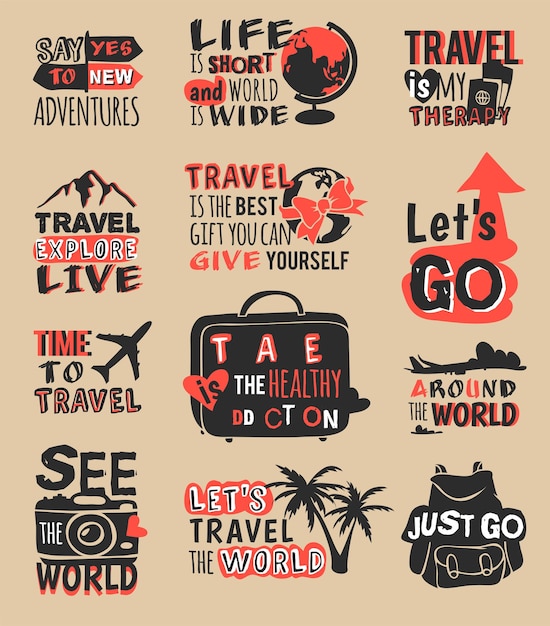 Travel motivation text quote phrases badge vector logo illustration