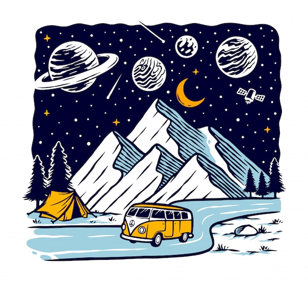 Viaggio sulla montagna all'illustrazione di notte