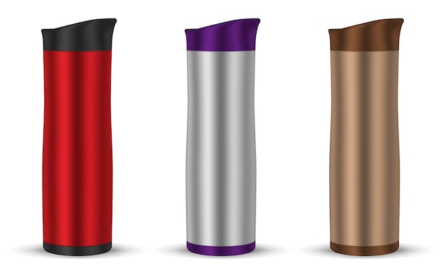 Vector travel mug set mockup metal thermos mockup portable insulated bottle template easy to recolor