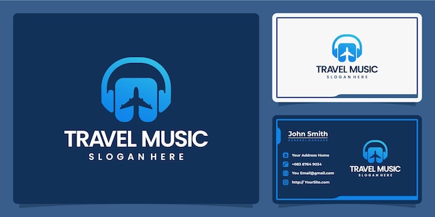 여행용 음악 비행기 및 헤드폰 로고가 명함 템플릿과 결합