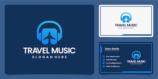 旅行音楽の飛行機とヘッドフォンのロゴを名刺テンプレートと組み合わせる