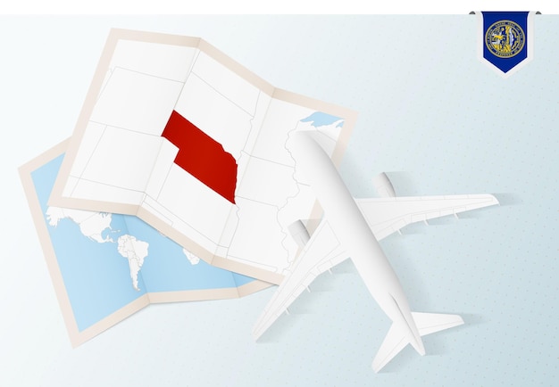 Travel to nebraska, top view airplane with map and flag of nebraska.