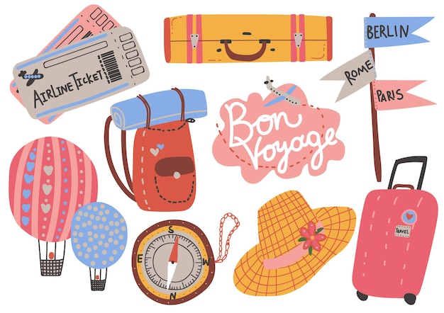 Vector travel objects collection airplane tickets backpack compass hot air balloon hat signpost time to travel summer vacation vector illustration on white background
