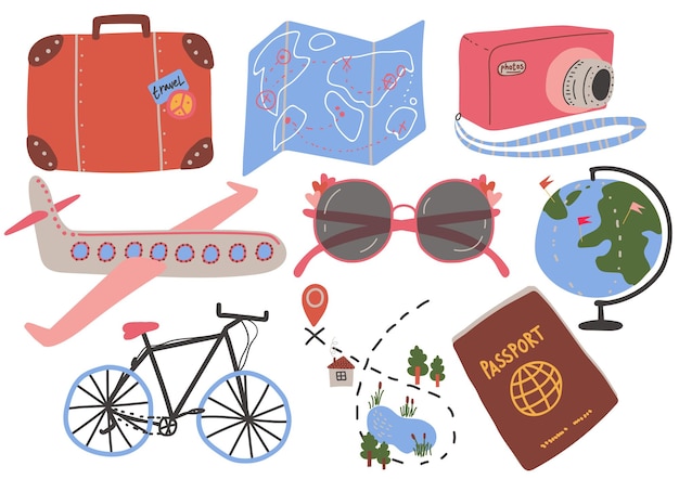 Vector travel objects collection suitcase map camera airplane sunglasses globe bicycle passport time to travel summer vacation vector illustration on white background