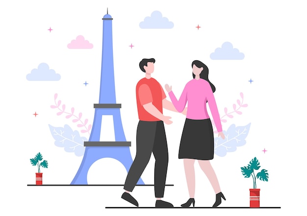 パリまたはフランスへの旅行ベクトルイラストの背景。エッフェル塔やその他のランドマークのアイコンの場所で美しくロマンチックな風景を見るために訪問する時間