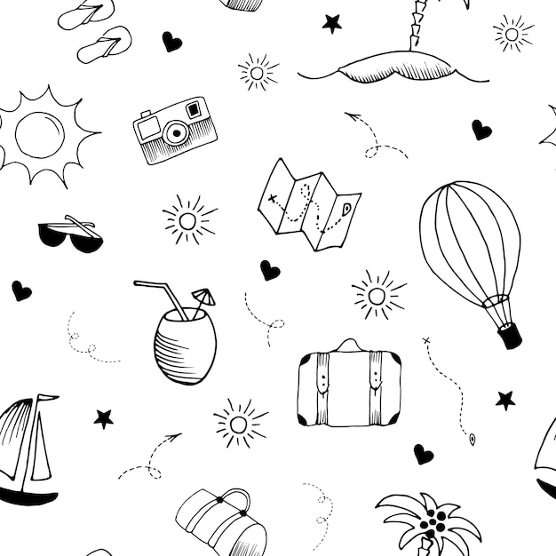 Travel pattern. Hand drawn doodle elements. Seamless vector backdrop. Simple vector illustrations on transparent background.