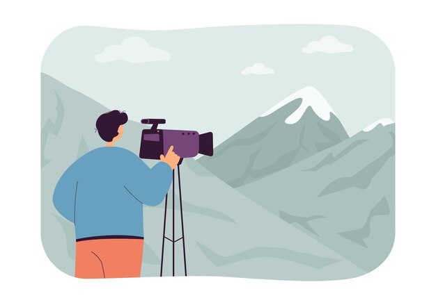 Fotografo di viaggio che scatta foto in montagna. uomo in natura con fotocamera su treppiede piatto illustrazione vettoriale. fotografia, viaggi, concetto di turismo per banner, design di siti web o landing page