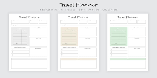 Vector travel planner and itinerary planner logbook journal tracker interior template