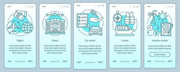 Travel planner turquoise onboarding mobile app page screen vector template. Cruise, journey, traveling. Walkthrough website steps with linear illustrations. UX, UI, GUI smartphone interface concept