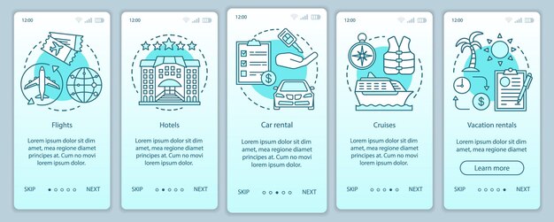 Vector travel planner turquoise onboarding mobile app page screen vector template. cruise, journey, traveling. walkthrough website steps with linear illustrations. ux, ui, gui smartphone interface concept