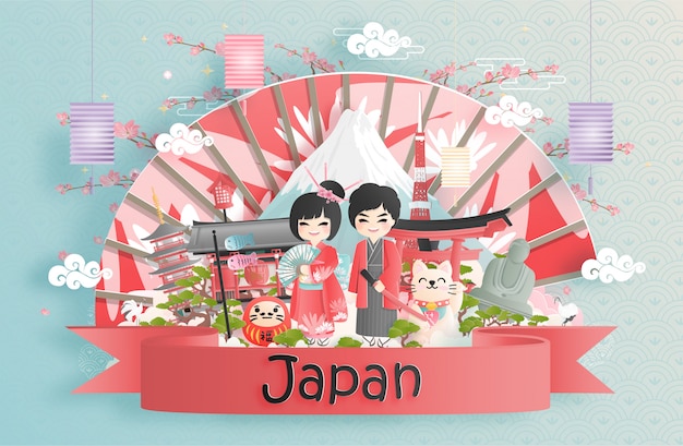 Travel postcard, poster, tour advertising of world famous landmarks of japan