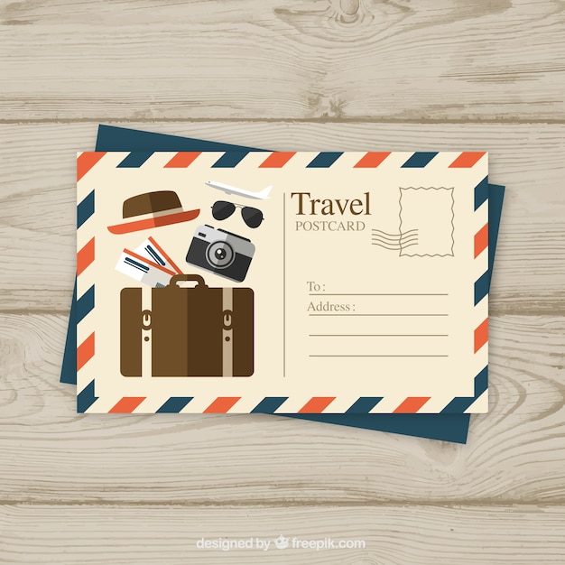Vector travel postcard template with flat design