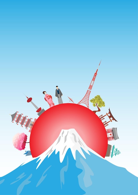 Vector travel postcard, tour advertising of japan. vector illustration.