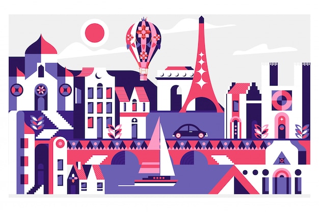 Vector travel postcard with paris, france famous landmarks