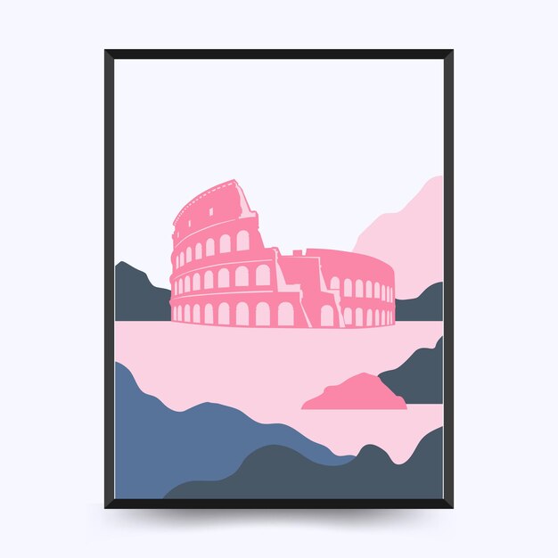 Vector travel poster post card vintage templatecolosseum  regio iii isis et serapis rome italy