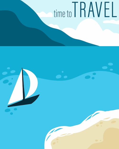 Poster di viaggio mare con yacht montagne in barca e paradiso dell'oceano paesaggio carta per le vacanze estive con sfondo di viaggio del testo illustrazione della spiaggia vettoriale banner resort tropicale