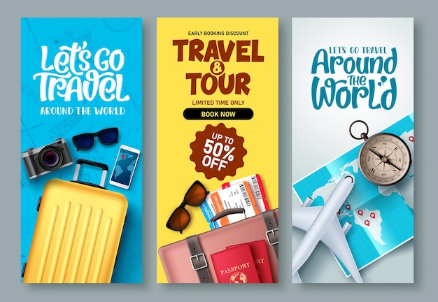 Travel poster set vector background. Travel and tour with promo text and traveling elements