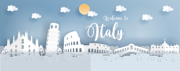 Travel poster with italy famous landmark in paper cut style