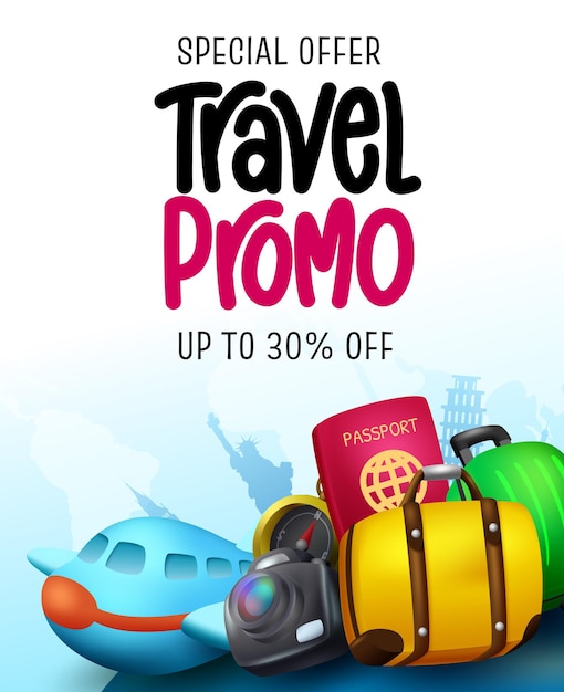 Travel promo vector design Travel sale text special offer with travelling elements