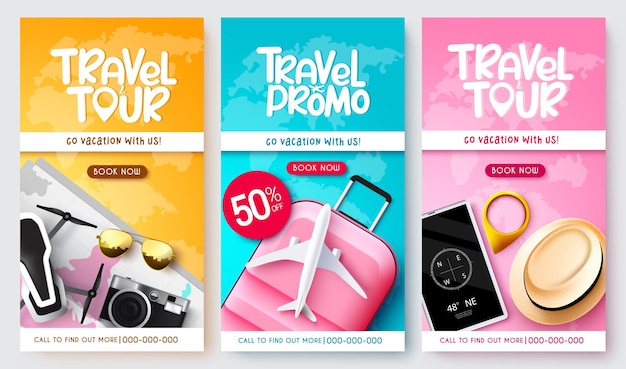 Travel promo vector poster set design travel tour text collection in discount offer sale