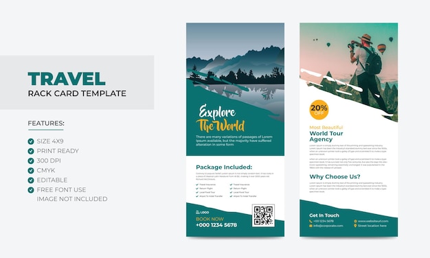 Vector travel rack card or dl flyer template doublesided tour poster leaflet design template