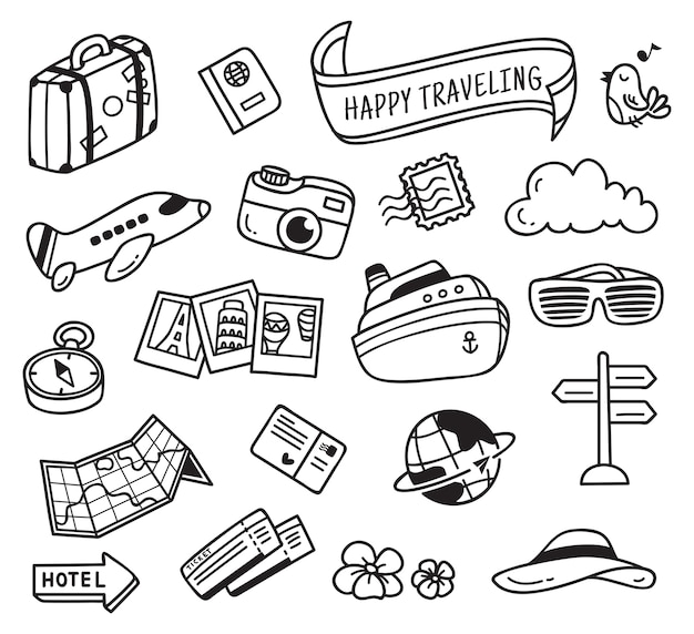 Travel related object in doodle style