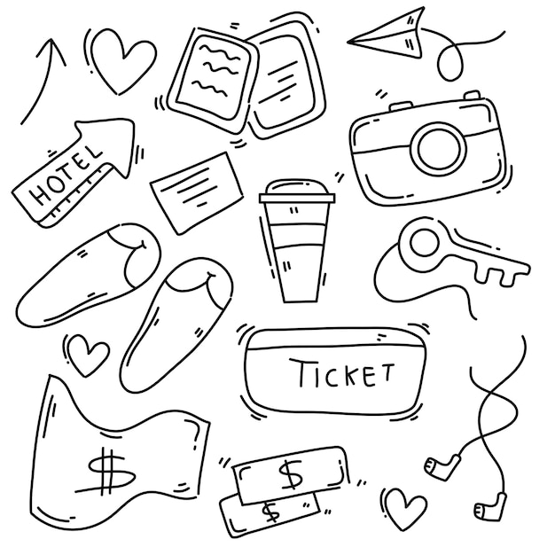 Risorse di viaggio doodle set disegno vettoriale