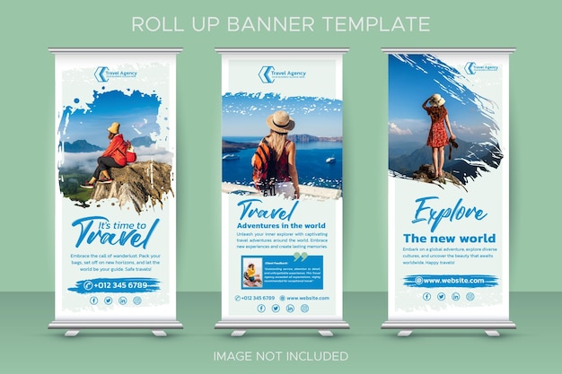 Vector travel rollup banner template with brush strokes