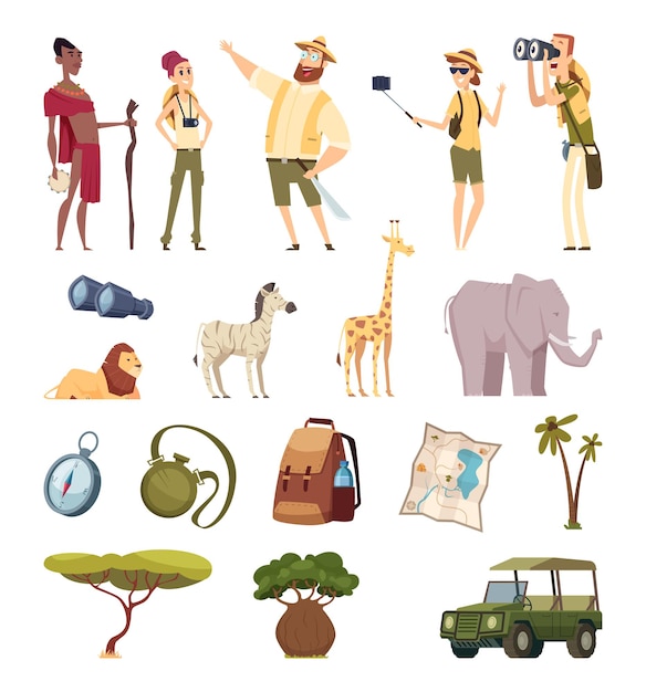 Vector travel safari. african wildlife adventure elements jungle animals cars compass bag pack.