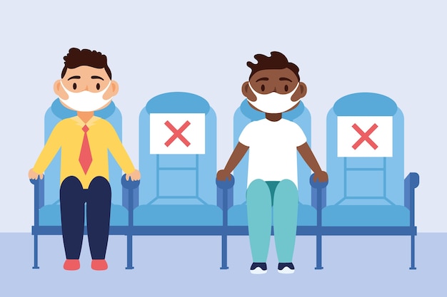 Travel safe campaign with passengers wearing medical masks seated in chairs vector illustration design