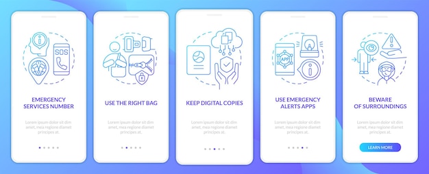 Travel safety tips onboarding blue gradient mobile app screen