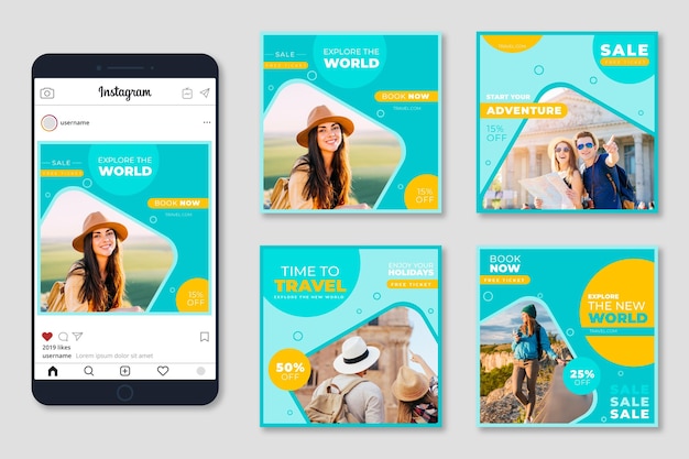 Vettore collezione di post di instagram di vendita di viaggi