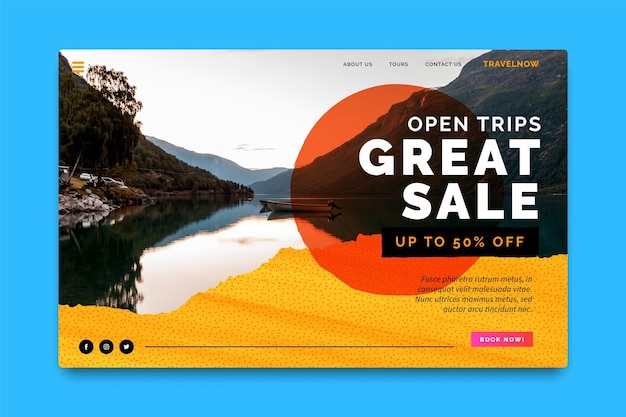 Vector travel sale landing page template with photo