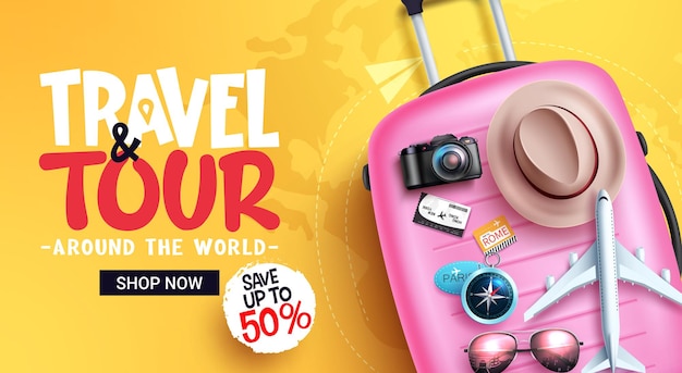 Travel sale vector banner design. Travel and tour text in price discount with luggage travelling.