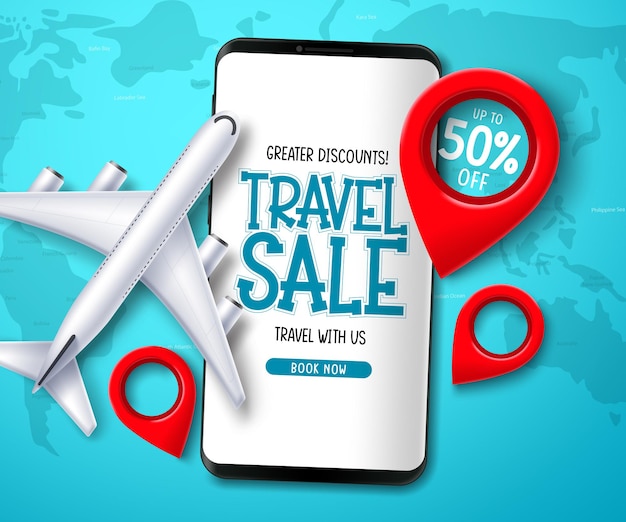 Travel sale vector template design. Travel discount text with mobile app. booking for international