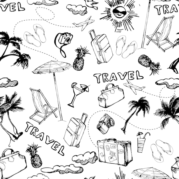Fondo senza cuciture di viaggio. modello di vacanze estive disegnato a mano. illustrazione vettoriale