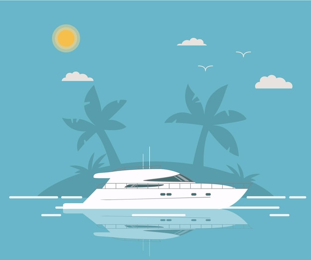 Vector travel seaway ocean transport yacht tropical island with palm trees