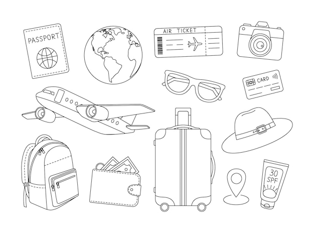 Vector travel set coloring page outline set adventure tourism vacation trip coloring book for print