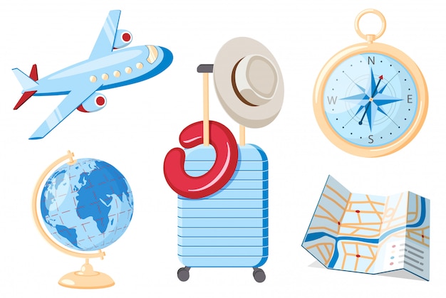 Vector travel set. compass, globe, map, suitcase and plane. flat design.