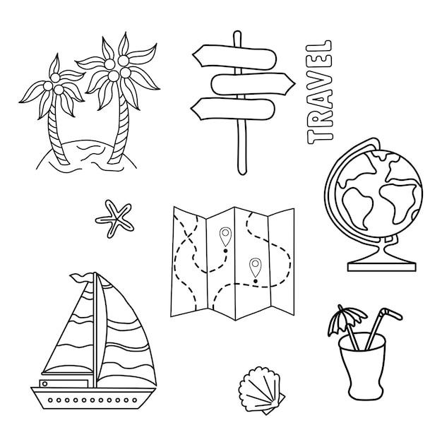 Travel set of doodles Outline symbol collection Globe cockleshell navigation cocktail Vector