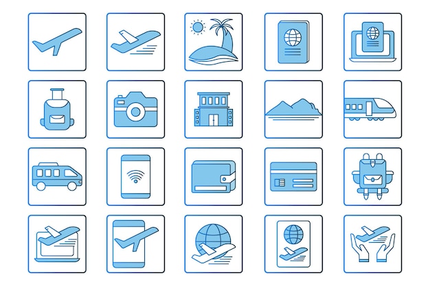 여행 세트 아이콘 아이콘은 교통 휴가 관광객과 관련된 평평한 선 아이콘 스타일입니다.