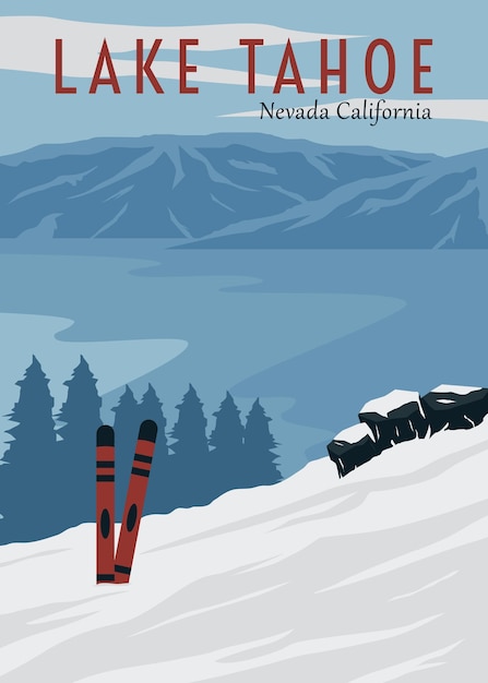 ベクトル タホ湖の旅行スキー ポスター ビンテージ ベクトル イラスト デザイン カリフォルニア州ネバダ州の国立公園ビンテージ ポスター