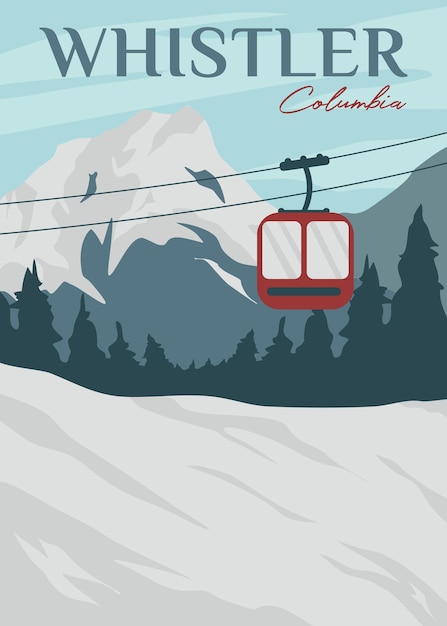 Vettore viaggiare in sci con la funivia a whistler poster vintage vector illustration design parco nazionale