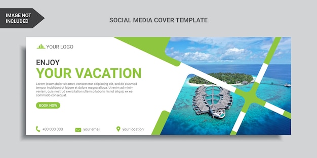 Vector travel social media cover design or web banner with green color shapes