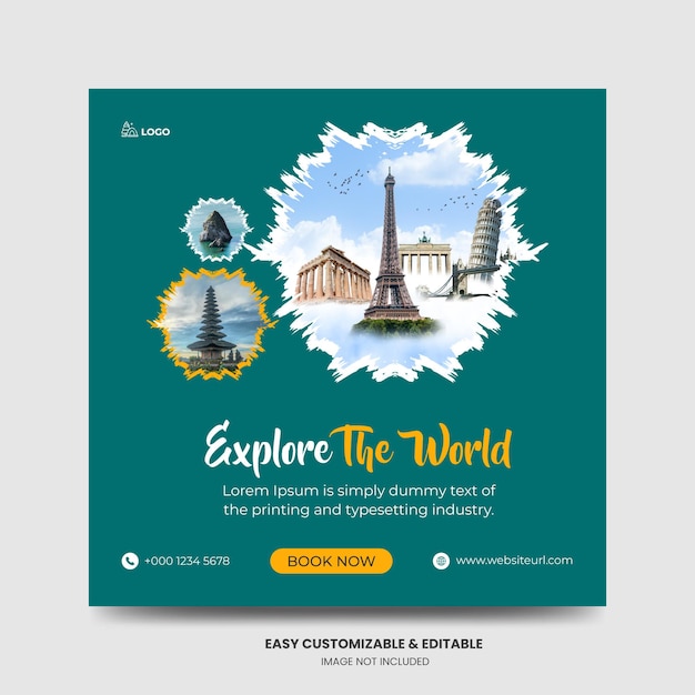 Travel social media facebook instagram post template tourism square marketing ads banner templa