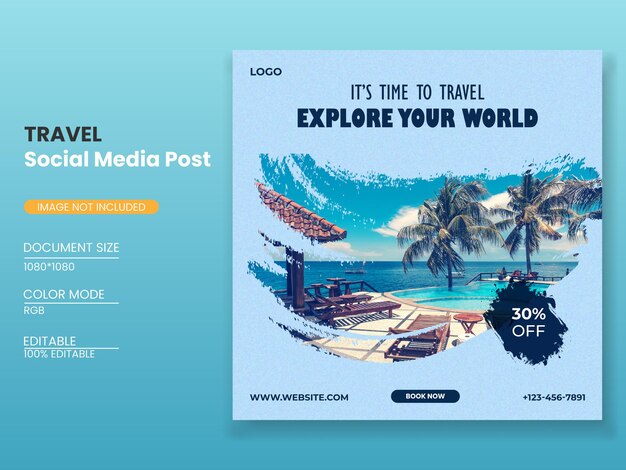 Modello di banner per post sui social media di viaggio per banner quadrato per post sui social media per le vacanze in tour